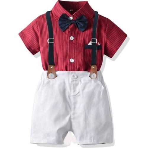 Boy Suit 2020 New Summer Kids Gentleman Dress Suit Children Striped Bow Tie Shirt Suspender Shorts Two Piece Set 9 Month-6 Years