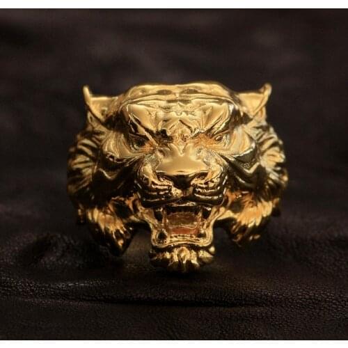 LINSION High Detail Gold Plated Brass Tiger Ring Mens Biker Punk Jewellery GP130 US Size 7~15