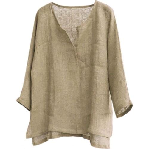 Shirt Male Chinese Style Cotton Flax Fashion Long Sleeve Beach Shirt All-matched Thin Solid Color V Neck Loose Men Shirt