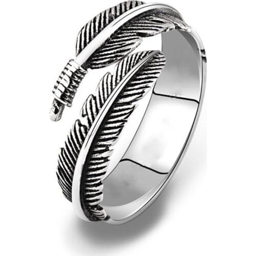 Vintage Feather Ring Men Jewelry Biker Style Hand Polishing open ring adjustable