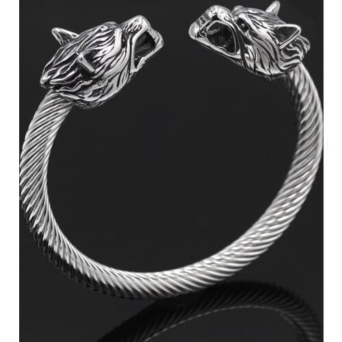 Men stainless steel viking wolf head norse bracelet adjustable size