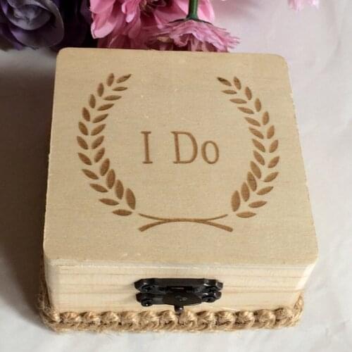 Country Wedding Ring Bearer Box Craft I Do Engrave Wooden Linen Square Display Jewelry Ring Pillow Case Holder