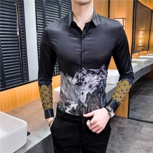 Style Print Chinese Black White Man Self-cultivation Long Sleeve Shirt Men Flower Shirt Men Retro Shirt Fashion 2020 Spring