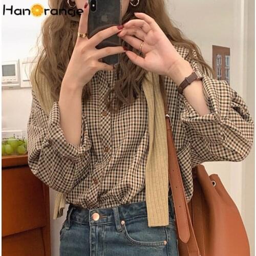 Retro Coffee Plaid Shirts for Women Loose Long Sleeve Minority Bottoming Tops Female Gingham Vintage Spring Autumn Checkered
