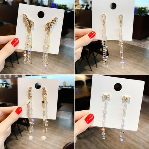 Handmade Elegant Long Tassel Crystal Earrings Shiny Bohemian Silver Plated Wings Bow Dangle Long Earrings Jewelry Women Gifts
