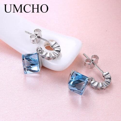 UMCHO Square Crystal Stud Earrings Real 925 Sterling Silver Jewelry Romantic Earrings For Women Elegant Party Birthday Wedding