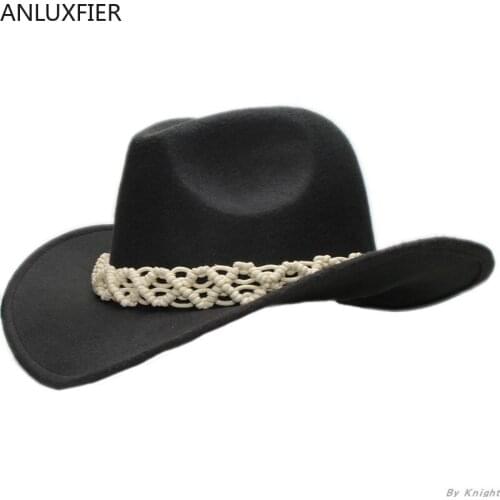 A161 Adult Kids Wool Fedoras Hats Female Knitting Belt Woolen Cap Autumn Winter Parent Fedoras Hat West Cowboy Hat Adjust