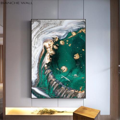 Nordic Modern Creative Abstract Green Gold Foil Art Canvas Poster Abstract Painting Print Wall Picture for Living Room Decor