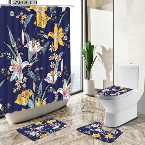 Tropical Exotic Plants Shower Curtain Flower Leaves Colorful Hand Painted Art Bathroom Non-Slip Carpet Toilet Cover Foot Mat Set