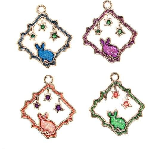 10pcs/lot 21*24mm Cute Enamel Unique Square Rabbit Stars Moon Charms For Earrings Necklace Bracelet DIY Jewelry Making Findings