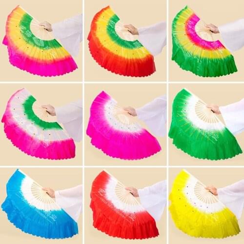 1pair 36cm(14.1") Colorful Belly Dance Bamboo Fan Veils for Dancer Chinese Folk Art Short Fans (1L+1R) Gradient color