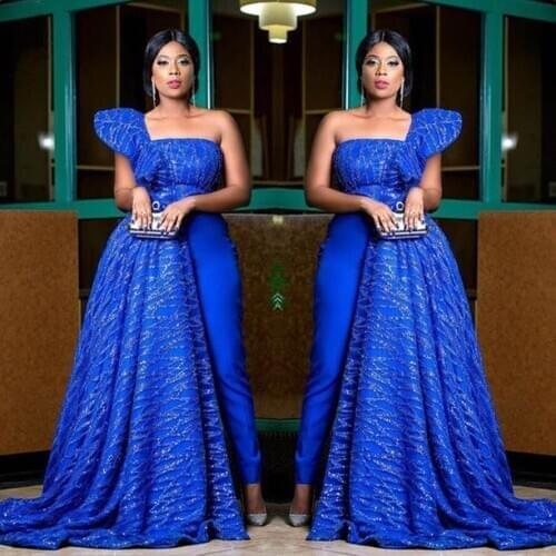 Gorgeous Nigerian Lace Evening Dress for the stylish Wedding Guest Royal Blue One Shoulder Jumpsuit Prom Gowns robe de soiree