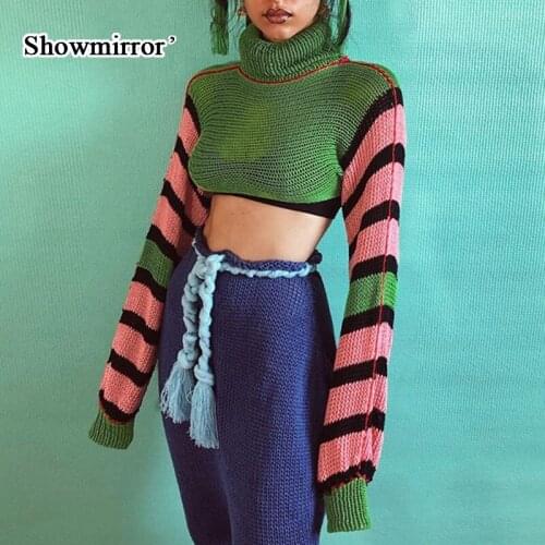 Showmirror Knitted Sweater Pullover Women Vintage Striped Loose Casual Short Top Long Sleeve Turtleneck Female Clothing