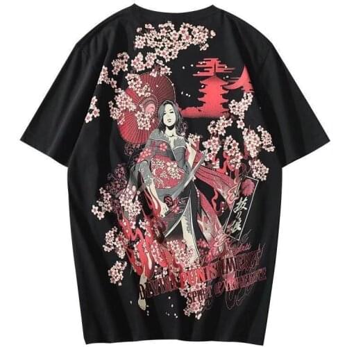 Japanese Sakura Print Tshirts Cotton Summer Harajuku T-Shirts Men Streetwear White Casual Short Sleeve T Shirts For Women CS633