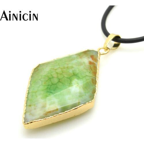 Green Color Fire Stone Rhombus Shape Gold Color Pendants 16'' Rubber Chain Necklace For Men and Women Jewelry 5pc/lot