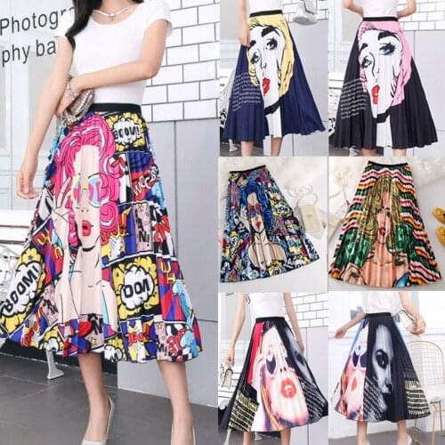 2021 New Loose and Casual Women Summer Pleated Midi Skirt,Fashion Hot Outfits Elastic Waist Cartoon Print A-Line Long Skirt