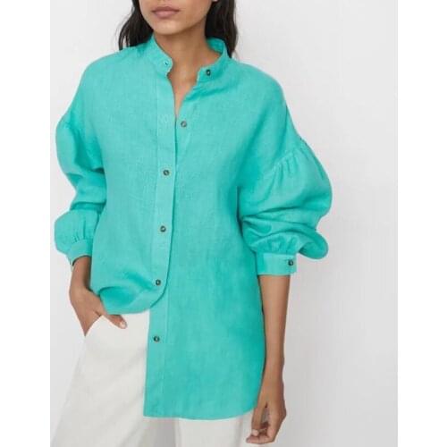 TRAF Women Shirt Za 2021 Autumn Cotton And Linen Long Sleeve Shirt Oversize Women Fashion Office Lady Buttons Blouses Casual Top