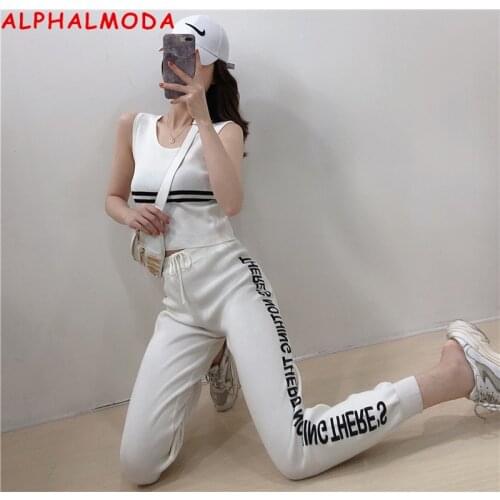 ALPHALMODA Female Retro Chic Striped High Waist Camisole Letter Printed Bouquet Feet Pants Women Casual Two-Piece Knitting Set