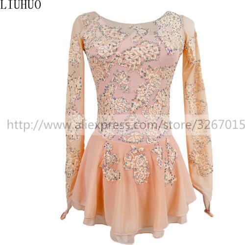 Figure Skating Dress Womens Girls' Ice Skating Dress Roller skating Competition Long sleeve Light pink lace fabric Round neck