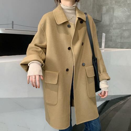 2021 Women Cashmere Wool Coat Elegant Turn Down Collar Woolen Coat Loose Cardigan Winter Warm Coat Casaco Feminino Y489