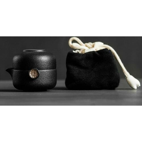 Black Ceramic Chinese Gongfu Teapot Teacup Travel Tea Set in Cotton Storage Bag