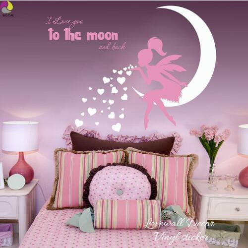 Fairy Blowing Hearts Kisses Wall Sticker Baby Nursery Kids Room I Love you to moon and back Quote Wall Decal Girl Room Vinyl