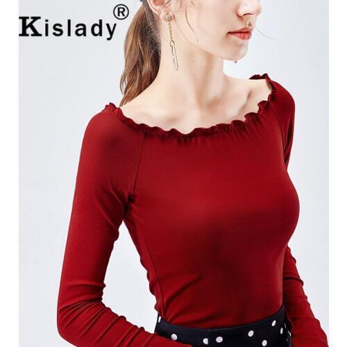 Kislady 2020 Fashion Womens Wood Ear Slash Neck Sexy Pleated Tops Hot Elegant OL Slim Korean Clothes Harajuku Streetwear XXXL