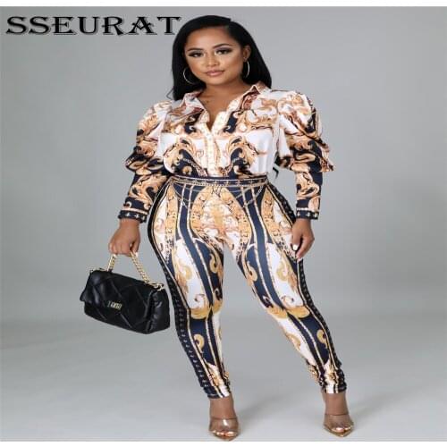 SSEURAT Women Suit Vintage Print Lantern Sleeve Single Breasted Tops Pants Two Piece Sets Autumn Outfit 2021