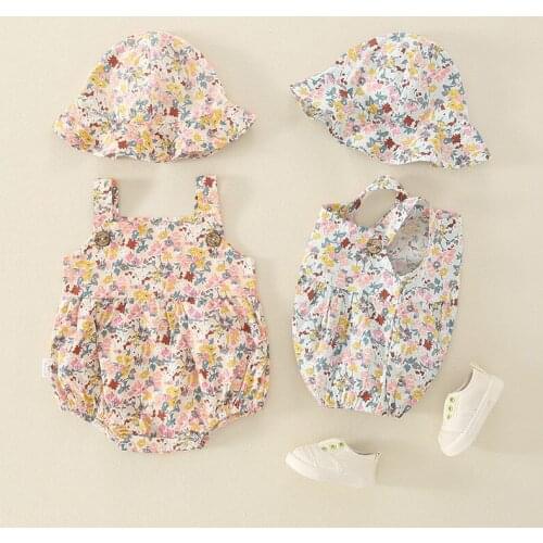 2021 Summer Newborn Infant Baby Girl Floral Romper New Sleeveless Sling Bodysuit + Sunhat 2set Toddler Outing Climbing Clothes