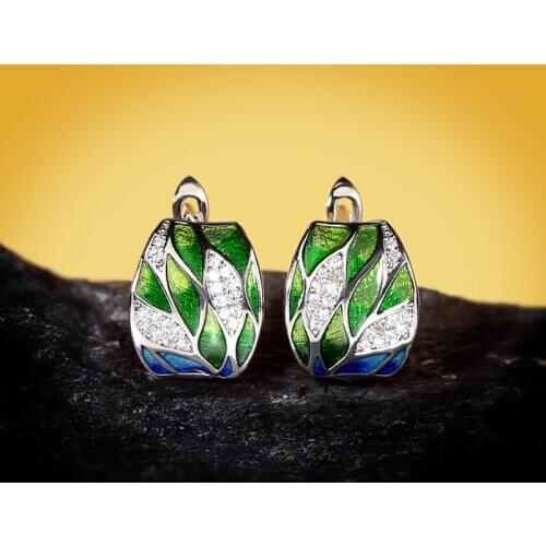 CHARLINLIOL Trendy Handmade Green Leaf Flower Ear Stud Solid 925 Silver Exquisite Zircon Huggie Earrings Summer Bohemia Jewelry