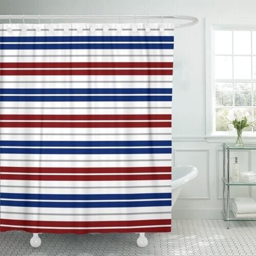 Navy Nautical Red Blue White Gray Stripes Pattern Barber Shower Curtain Waterproof Polyester Fabric 72 x 78 Inches with Hooks