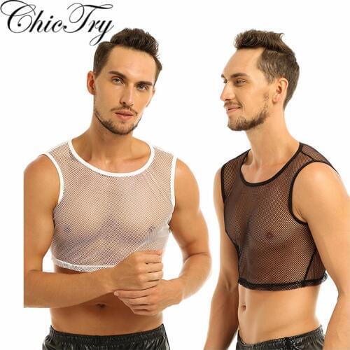 Male Mens Mesh Clubwear Party Cosplay T shirt Sleeveless See-through Mesh Fishnet Muscle Party T-Shirt for Evening Party