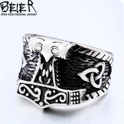 BEIER Vikings Amulet Odin Raven Thors Mjolnir Hammer Ring Animal Nordic Runes Talisman Men jewelry boys Gift 2018 BR8-563
