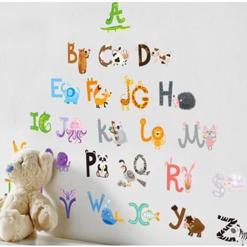 26 letters A-Z Alphabet&Animals Wall Sticke home decoration English Vinyl Mural Stickers Decals Nursery for Kids Room Decor