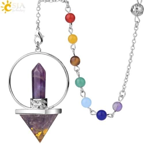 CSJA Natural Stone Pyramid Pendulums for Dowsing 7 Chakra Chain Energy Converter Silver-color Crystal Pendant Reiki Jewelry G423