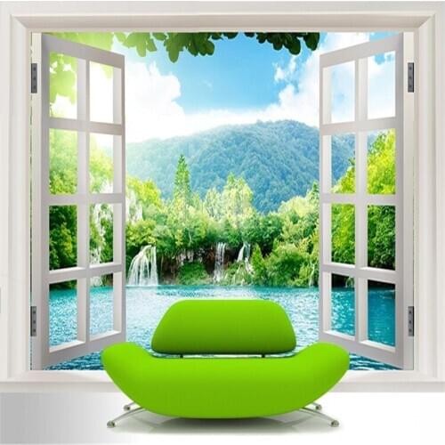 Dropship Custom 3D Mural Wallpaper Window 3D Waterfalls Forest View Art Mural Living Bedroom Bathroom Livingroom Wallpaper Mural