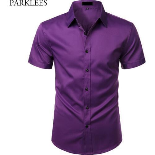 Purple Mens Dress Shirts Brand Bamboo Fiber Elastic Shirt Men Wrinkle Free Non Iron Easy Care Formal Wedding Work Chemise Homme
