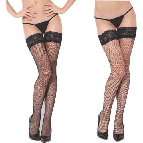 Sexy Mesh Lingerie Stockings Women Lace Top Sheer Silicone Stay Up Thigh High Stockings Nylon Fishnet Pantyhose medias de mujer