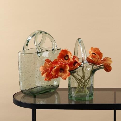 Simple Modern Style Bubble Glass Vase Basket Bag Ins Nordic Carry Bag Flower Basket Set Handbag Shape Flower Vase for Wedding