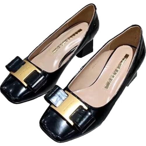 Light Patent Cow Skin Shoes Women 5 CM High Heel Pumps Spring and Autumn New Collection Butterfly-knot Decoration Ladies Wearing