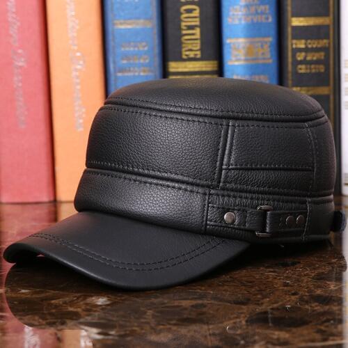 Quinquagenarian Earmuffs Cap Man Genuine Leather Hat Adult Flat Winter Warm Cap Men Male Leisure Peaked Cap Adjustable B-7281