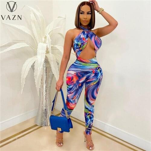 VAZN 2021 New Halter Jumpsuits Striped High-end Office Lady Sexy Young Simple Sleeveless Women Slim Pencial Jumpsuits