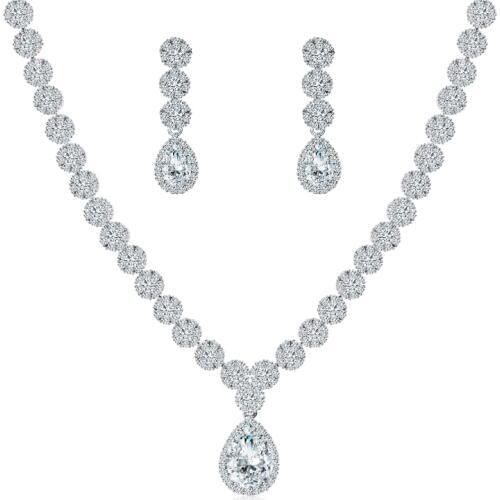 WEIMANJINGDIAN Halo Pear Drop and Flower Cubic Zirconia CZ Crystal Necklace and Earring Wedding Bridal Jewelry Set