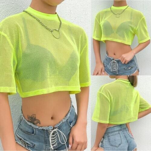 Women Girls Sexy Club Short Sleeve Turtleneck Green See Through Mesh Crop Top Fashion Beach Bathing Bikini Cover Ups