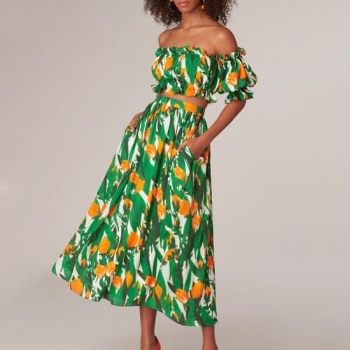 Runway Summer Suits Womens Two Piece Skirts Set Cropped Tops And Midi Long Skirts Tulip Floral Print Dress Set Bohemian Outfits