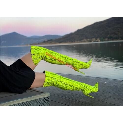 Womens Over The Knee Boots Yellow Snake Peep Toe Spring Boots Skin Print Pattern Stiletto Fashion Party High Boots