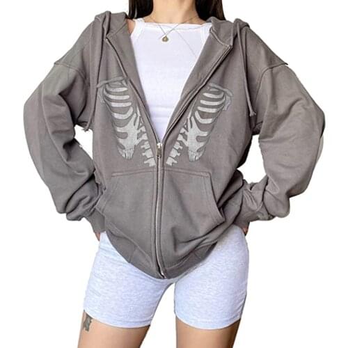 Women Zip-up Hooded Sweatshirts Skeleton/Skull Print Loose Fit Long Sleeve Pullover with Pockets Hoodies Autumn Winter Clothes