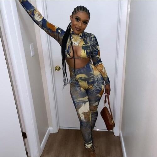 Sexy Print Jumpsuit Two Piece Set Women Turtleneck Hollow Out Leggings with Lace Up Crop Top Bodycon Club 2 Piece Set Outfits