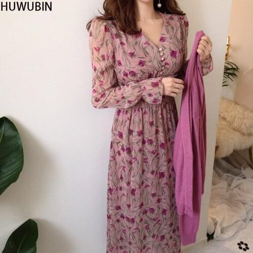 2021 Autumn New Chic V-Neck Chiffon Floral Elastic Waist Korean Retro Slim Slim Fashion Elegant Avant-Garde Dress