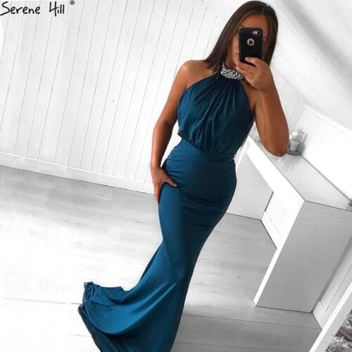 Blue Crystal Halter Mermaid Sexy Evening Dresses 2020 Sleeveless Fashion Elegant Evening Party Gowns BLA6612